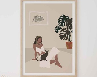 Plant Lady Illustration Print, Woman Illustration Print, Cat Lady Illustration Poster, Boho Woman Print Wall Art, Printed Terracotta Woman