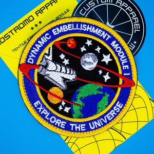 CUSTOM TEXT and COLORS Embroidered Space Mission Patch Iron On or Velcro 4" or 3" - Make your own space mission!