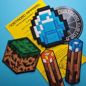 Pixelated Block Embroidered Patches Grass Block Diamond and Torches Iron on or Velcro Retro Video Game