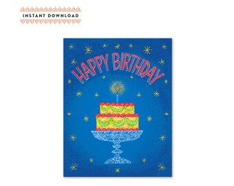 Happy Birthday Cake and Stars Greeting Card A2- Instant Download - Birthday Card - DIY Downloadable PDF Card 4.25" x 5.5"