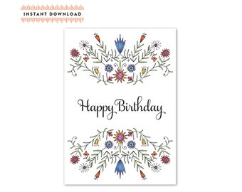 Happy Birthday Floral Watercolor Greeting Card A7- Instant Download - Birthday Card - DIY Downloadable PDF Card 5" x 7"