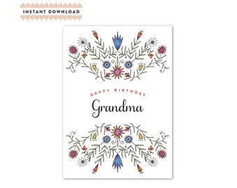 Happy Birthday Grandma Floral Watercolor Greeting Card A7- Instant Download - Birthday Card - DIY Downloadable PDF Card 5" x 7"