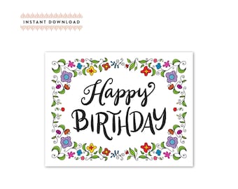 Happy Birthday Floral Border Greeting Card A2- Instant Download - Birthday Card - Birthday Flowers - DIY Downloadable PDF Card 4.25" x 5.5"