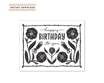 Black & White Floral Happy Birthday Card – Printable PDF (4.25x5.5)