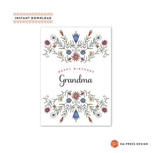 Happy Birthday Grandma Floral Watercolor Greeting Card A7- Instant Download - Birthday Card - DIY Downloadable PDF Card 5" x 7"