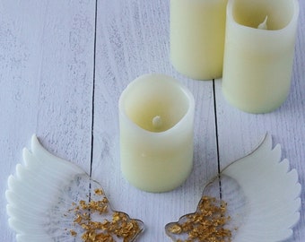 Candle Holder with Gold Flakes White Angel Wing Resin Coasters