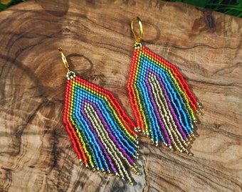 Rainbow Beaded Earrings: Long Multicolor Japanese Beads