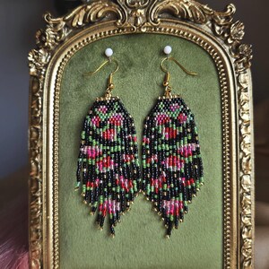 Delicate Pink Rose Botanical Seed Bead Earrings, Boho Floral Dangle Jewelry