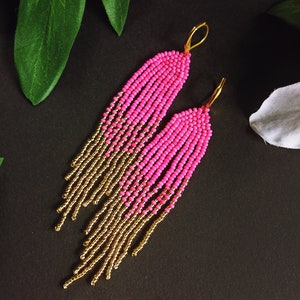 Pink Ombre Seed Bead Earrings: Long Chandelier Style