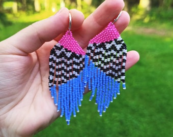 Black White Striped Beaded Earrings, Pink Blue Handwoven Earrings