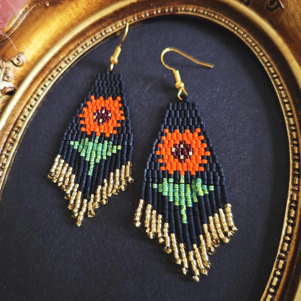 Sunflower Statement Earrings,Beaded Fringe, Summer Seed Bead Jewelry, Boho Flower Dangle