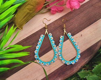 Daisy Seed Bead Teardrop Earrings, Blue Bohemian Beaded Drop Earrings