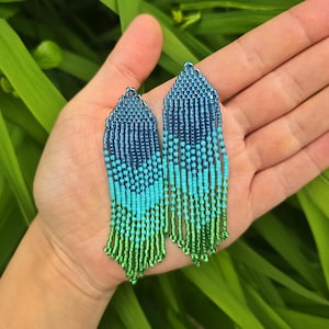 Türkis Grüne Lange Ombre Perlen Ohrringe, Rocailles Perlen Kronleuchter Ohrringe