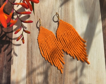 Orange Chandelier Drop Fringe Beaded Earrings