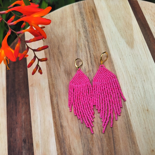 Hot Pink Chandelier Drop Fringe Beaded Earrings