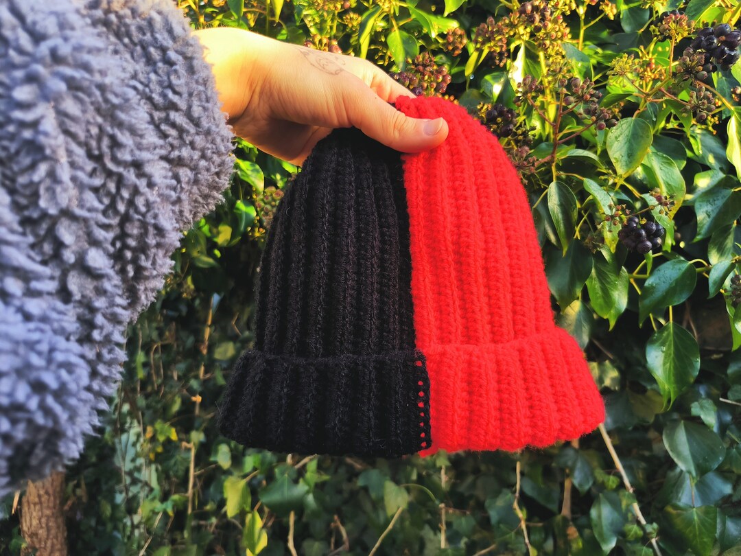 Handmade Red Black Beanie Crochet Hat