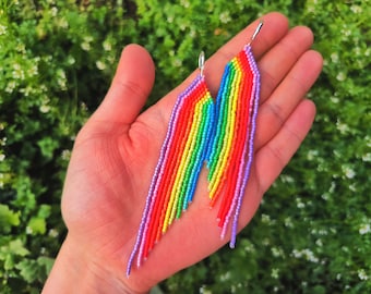Rainbow Fringe Beaded Earrings: Long Multicolor Japanese Beads