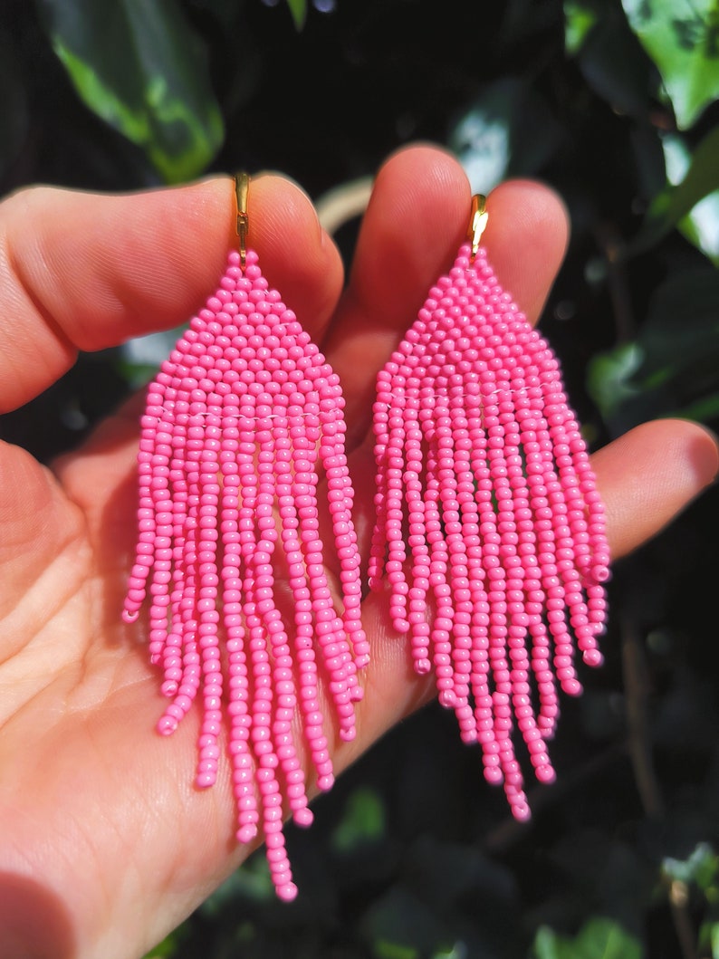 Pink Chandelier Drop Fringe Beaded Earrings zdjęcie 3