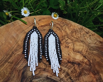 Black White Bohemian Fringe Beaded Earrings