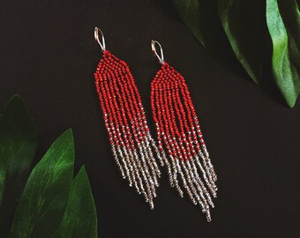 Red Silver Ombre Beaded Earrings, Long Ombre Earrings, Seed Bead Chandelier Earrings