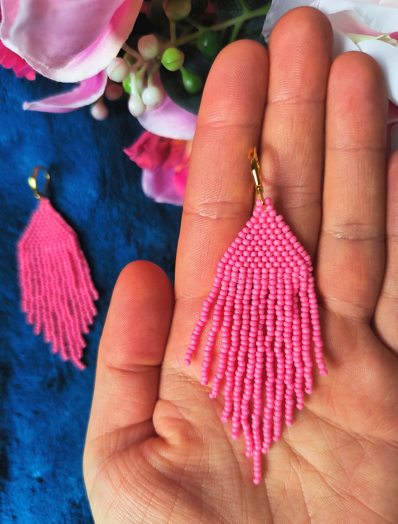 Pink Chandelier Drop Fringe Beaded Earrings zdjęcie 5