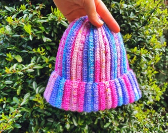 Pink blue beanie crochet hat