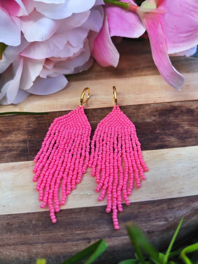 Pink Chandelier Drop Fringe Beaded Earrings zdjęcie 6