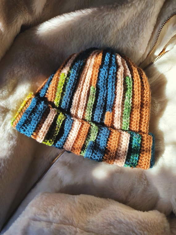 Brown Blue Beige Crochet Scrap Beanie Hat - Etsy