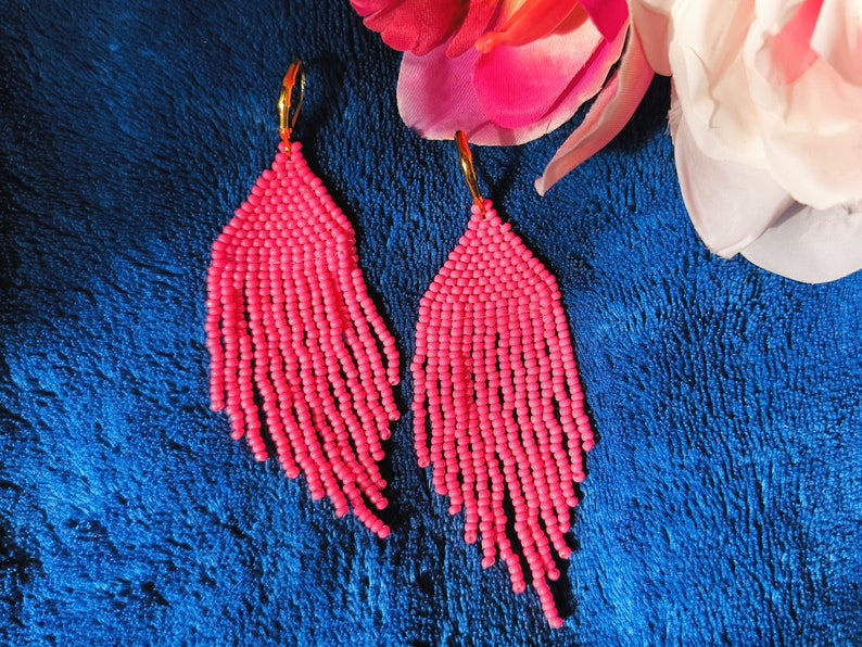 Pink Chandelier Drop Fringe Beaded Earrings zdjęcie 2