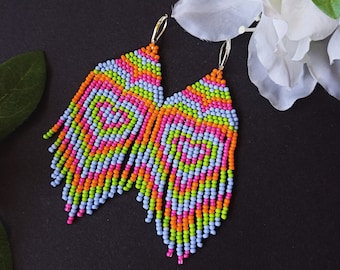 Rainbow Hippie Heart Beaded Fringe Earrings