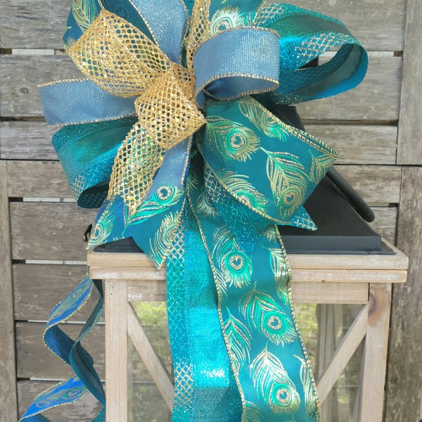 Peacock Decoration, Peacock Bow, Peacock Ornament, Peacock Christmas Tree Topper, Peacock Wreath, Peacock Swag, Lantern Topper, Lantern Bow,