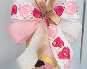 Valentine's Day Bow, Heart and Key Decor, Pink and Gold Wreath Bow