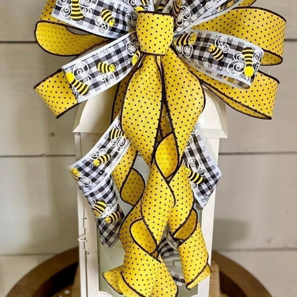 Bee Decoration, Bee Bow, Bee Wreath, Bow For Wreath, Bow For Lantern, Summer Bow, Summer Wreath, Farmhouse Bow, Bee Lantern Bow,