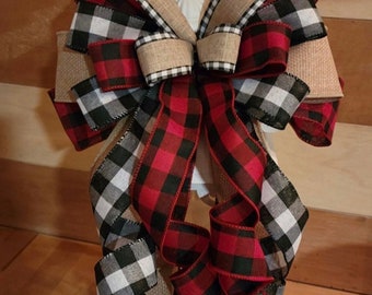 Farmhouse Bow, Christmas Ornament, Christmas Tree Topper, bow for wreath, bow for lantern, gift basket bow, door decor, Large Bow, Buffalo