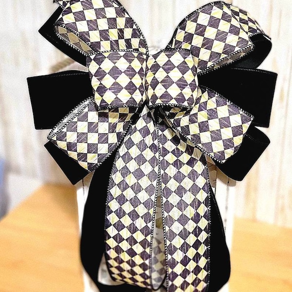 Harlequin Bow, Harlequin Decoration, Lantern Decor, Bow For Lantern, Bow For Wreath, Black Velvet Bow, Harlequin ribbon, Velvet Bow