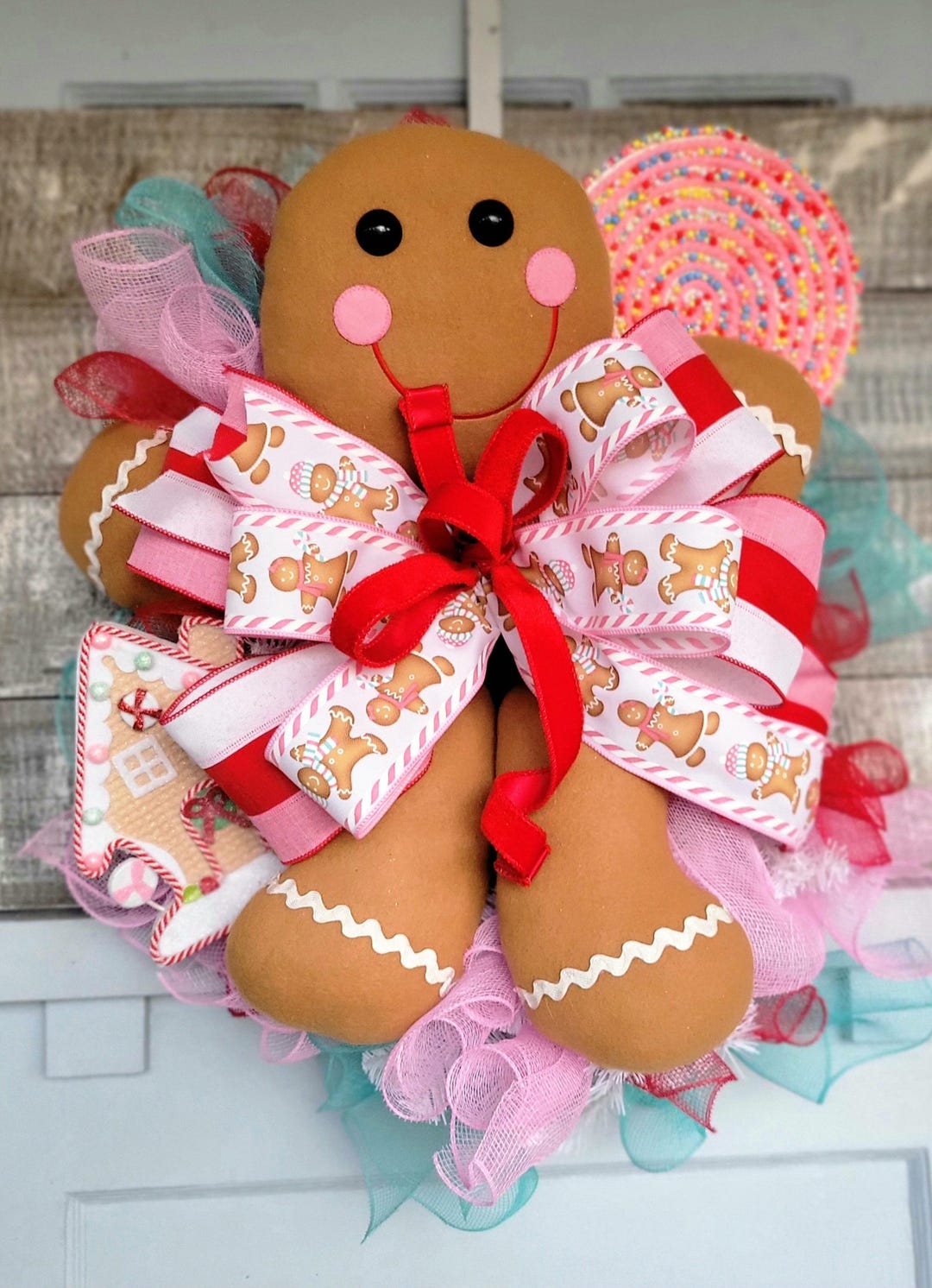 Gingerbread Christmas Wreath, Christmas Wreath for Front Door, Pink ...