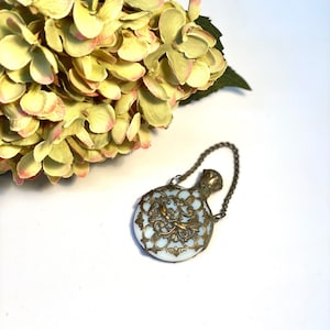 Victorian milk glass opaque silver gilt chatelaine perfume bottle. Antique. Vintage.