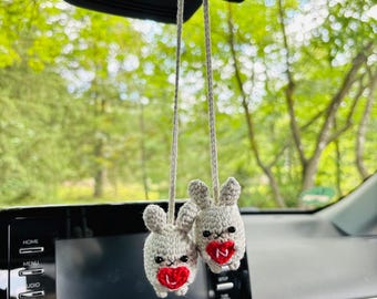 Personalized car rearview mirror pendant set, 2 crochet bunnies with heart, custom letters, car decor, gift for couples.