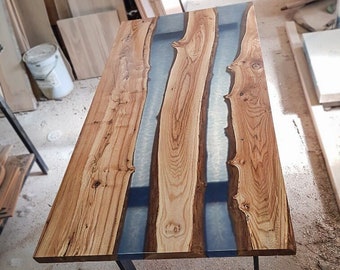 Dining Table with Blue Pigment Epoxy Resin- Elm Wood