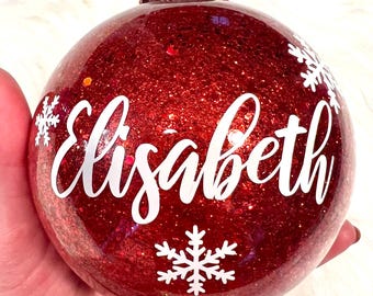 Personalized Christmas Ornament Ball, 4” large, glitter with names, shatter proof, Christmas gifts for family, friends, him, her.