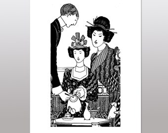 Vintage Druck, japanische Dame trinkt Tee - Küchendeko - Digital Download Druck A4 - Vintage Werbung - druckbare Sofort PDF Download