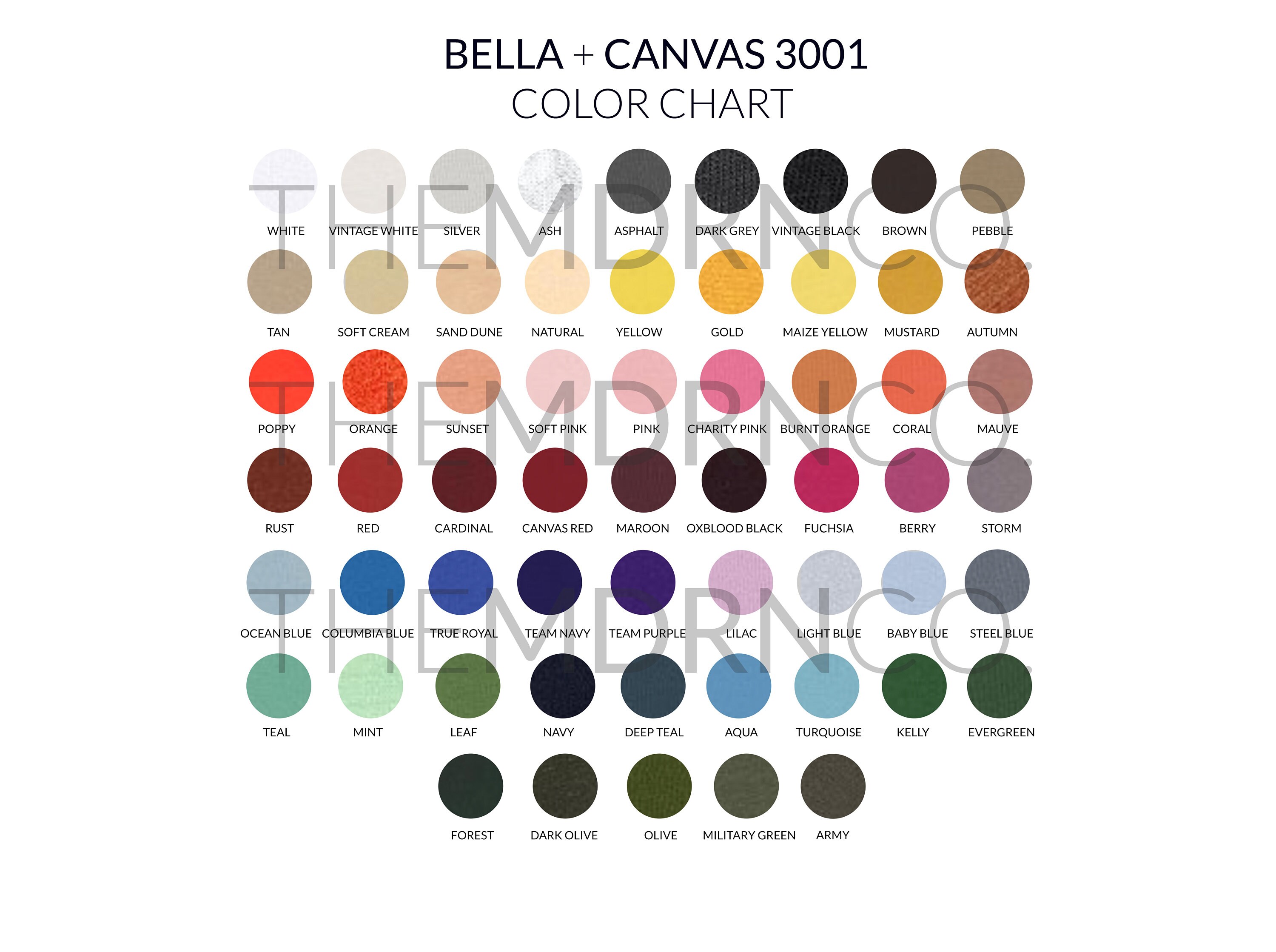Bella Canvas 3001 Bella Canvas Mockup Color Chart Size - Etsy Australia
