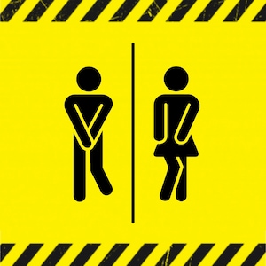 May include: A yellow sign with black and white stripes at the top and bottom. The sign has two black stick figures, one on the left and one on the right, representing a restroom.