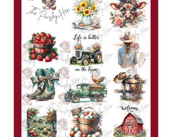 Country Charm Sticker Sheet, Farm, Homestead, Cows, Food, Flowers
