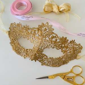 2 Pack Gold and Black Women&#39;s Lace Mask perfect for masquerade ball, party, halloween, hen dos, prom, hand strung organza ribbon