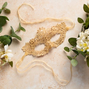 Swarovski® Crystal & Pearl Luxury Gold Lace Women&#39;s Lace Mask perfect for masquerade ball, wedding, hand strung organza ribbon 100 crystals