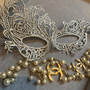 Swarovski Crystal & Pearl Silver Women&#39;s Lace Mask perfect for masquerade ball, party, halloween, hen dos, prom, hand strung organza ribbon