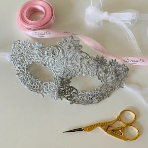 2 Pack Silver and White Women&#39;s Lace Mask perfect for masquerade ball, party, halloween, hen dos, prom, hand strung organza ribbon