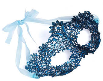 2 Pack Black and Blue Women's Lace Mask perfect for masquerade ball, party, halloween, hen dos, prom, hand strung organza ribbon