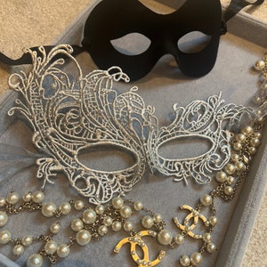 Couples His and Hers 2 Pack Silver Swarovski® Crystal Pearl Luxury Gold Lace Mens Black Material for masquerade ball, Party, Wedding